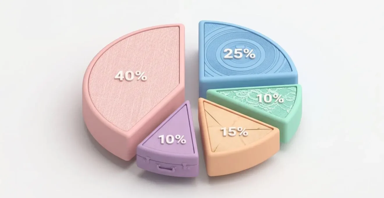 Diagramme circulaire 3D isométrique illustrant la répartition du budget d'un mariage en cinq postes de dépenses avec des textures distinctes.
