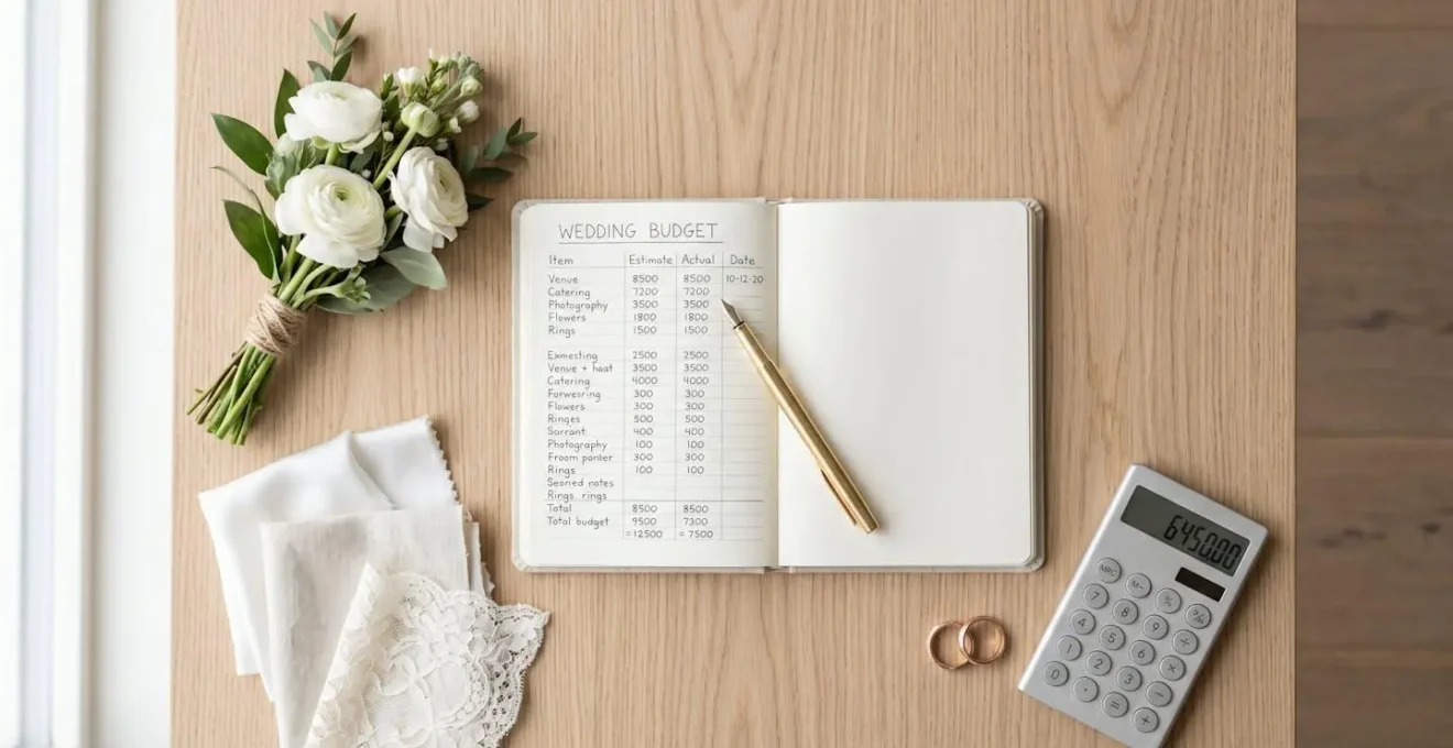Vue aérienne d'un carnet de budget de mariage ouvert entouré d'échantillons de tissus, de fleurs blanches, d'alliances et d'une calculatrice sur une table en bois clair.