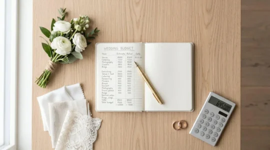 Vue aérienne d'un carnet de budget de mariage ouvert entouré d'échantillons de tissus, de fleurs blanches, d'alliances et d'une calculatrice sur une table en bois clair.